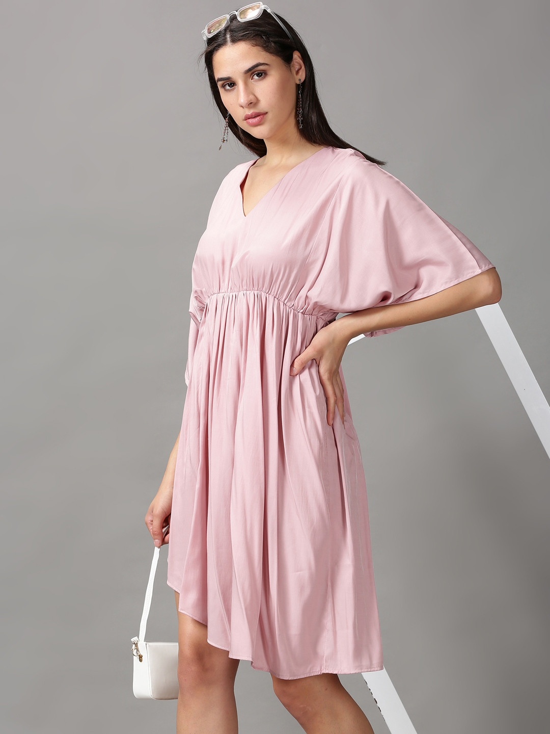 Showoff | SHOWOFF Women's V-Neck Midi Pink Solid Dress