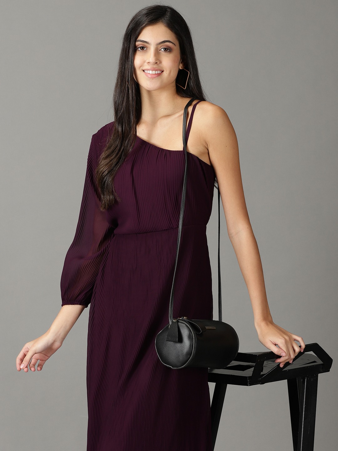 SHOWOFF Women's Solid Asymmetric Neck Purple Maxi Dress