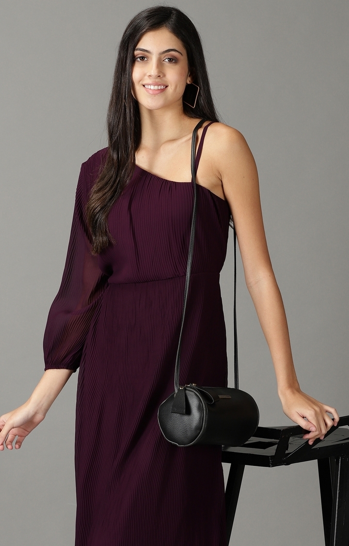 SHOWOFF Women Purple Solid Asymmetric Neck Full Sleeves Maxi A-Line Dress