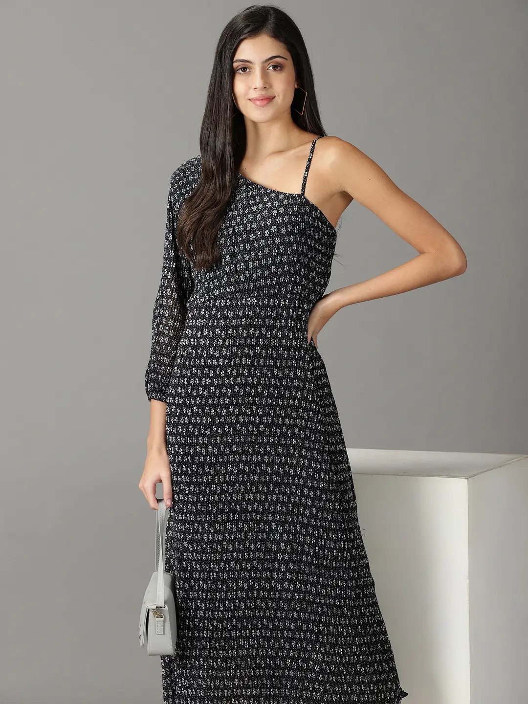 SHOWOFF Women's Printed Asymmetric Neck Black Maxi Dress