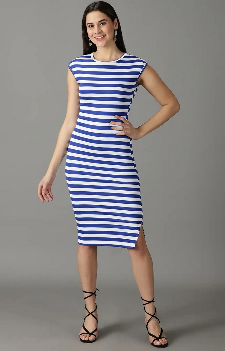 Showoff | SHOWOFF Women Blue Striped Round Neck Sleeveless Midi Bodycon Dress