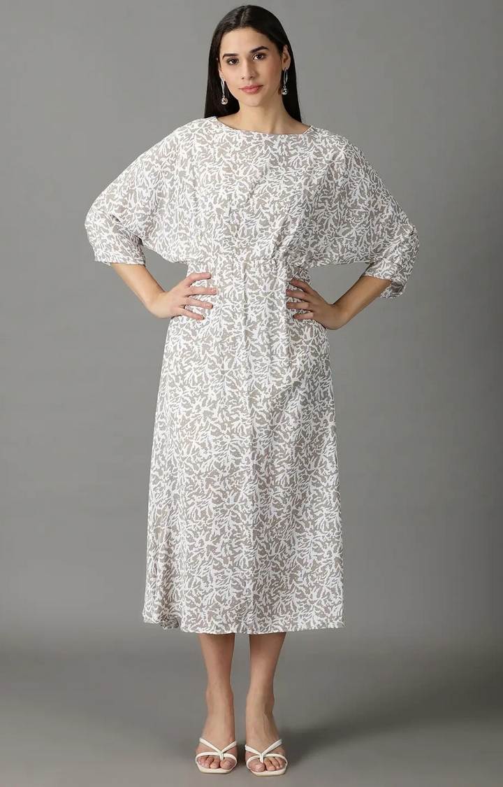 Showoff | SHOWOFF Women Taupe Printed Round Neck Three-Quarter Sleeves Maxi A-Line Dress