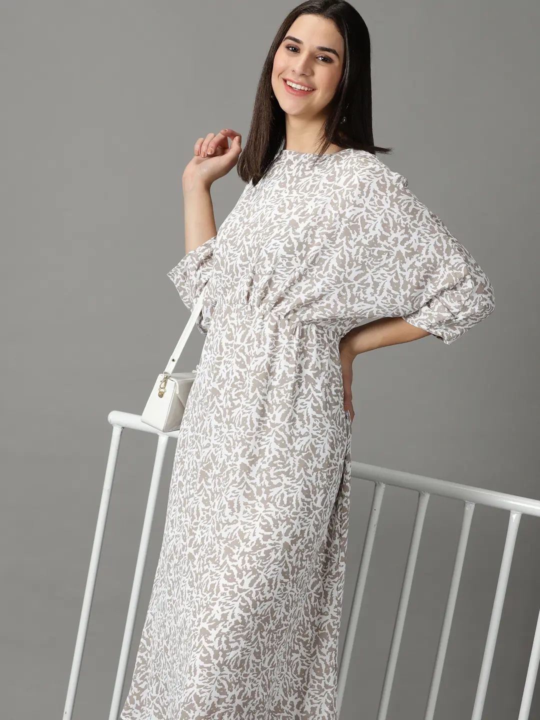 SHOWOFF Women Taupe Printed Round Neck Three-Quarter Sleeves Maxi A-Line Dress
