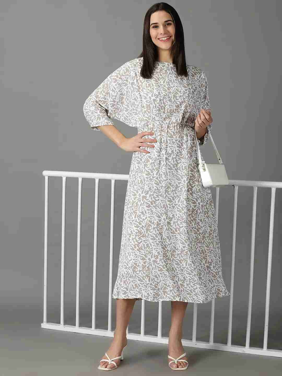 SHOWOFF Women's Printed Round Neck Taupe Maxi Dress