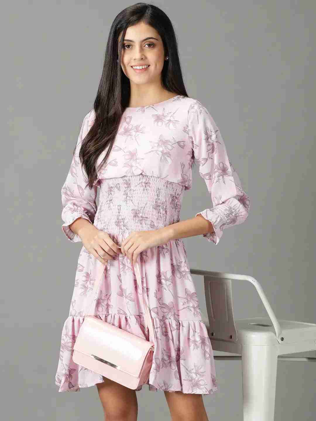 SHOWOFF Women's Printed Boat Neck Pink Above Knee Dress