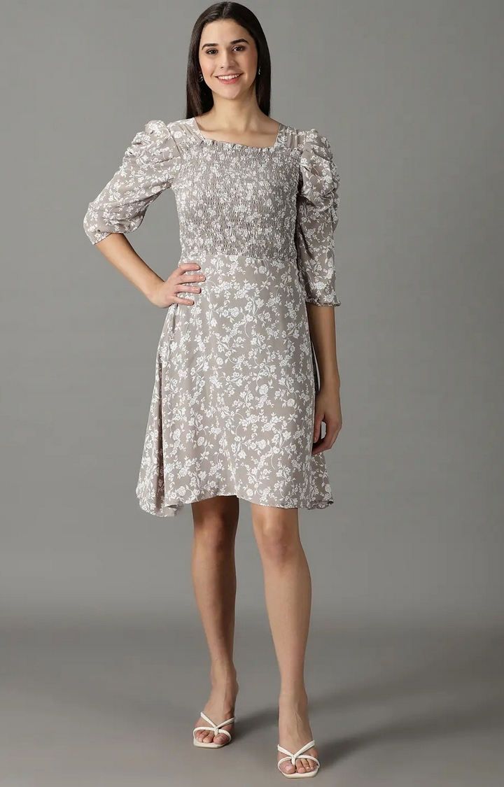 Showoff | SHOWOFF Women Taupe Printed Square Neck Three-Quarter Sleeves Knee length Fit and Flare Dress
