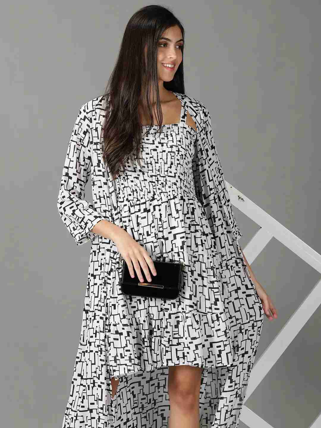 SHOWOFF Women's Printed Square Neck White Above Knee Dress