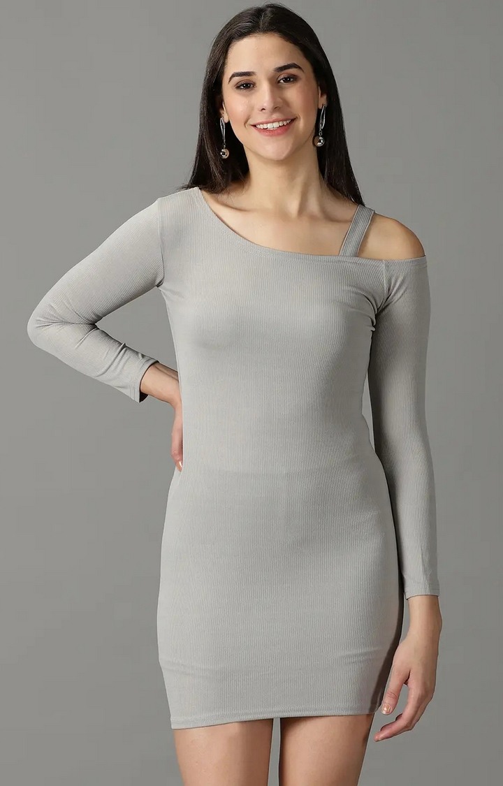 SHOWOFF Women Grey Solid Asymmetric Neck Full Sleeves Above Knee Bodycon Dress