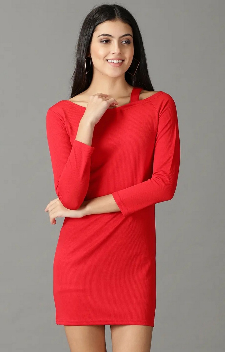 Showoff | SHOWOFF Women Red Solid Asymmetric Neck Full Sleeves Above Knee Bodycon Dress