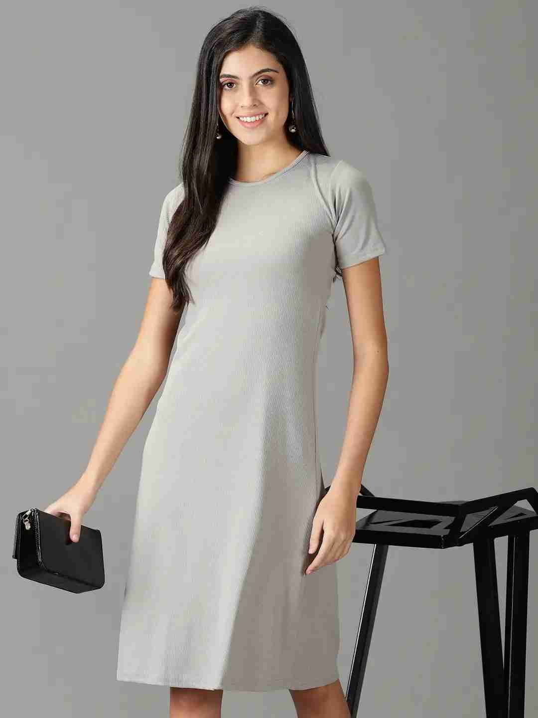 SHOWOFF Women's Solid Round Neck Grey Knee Length Dress