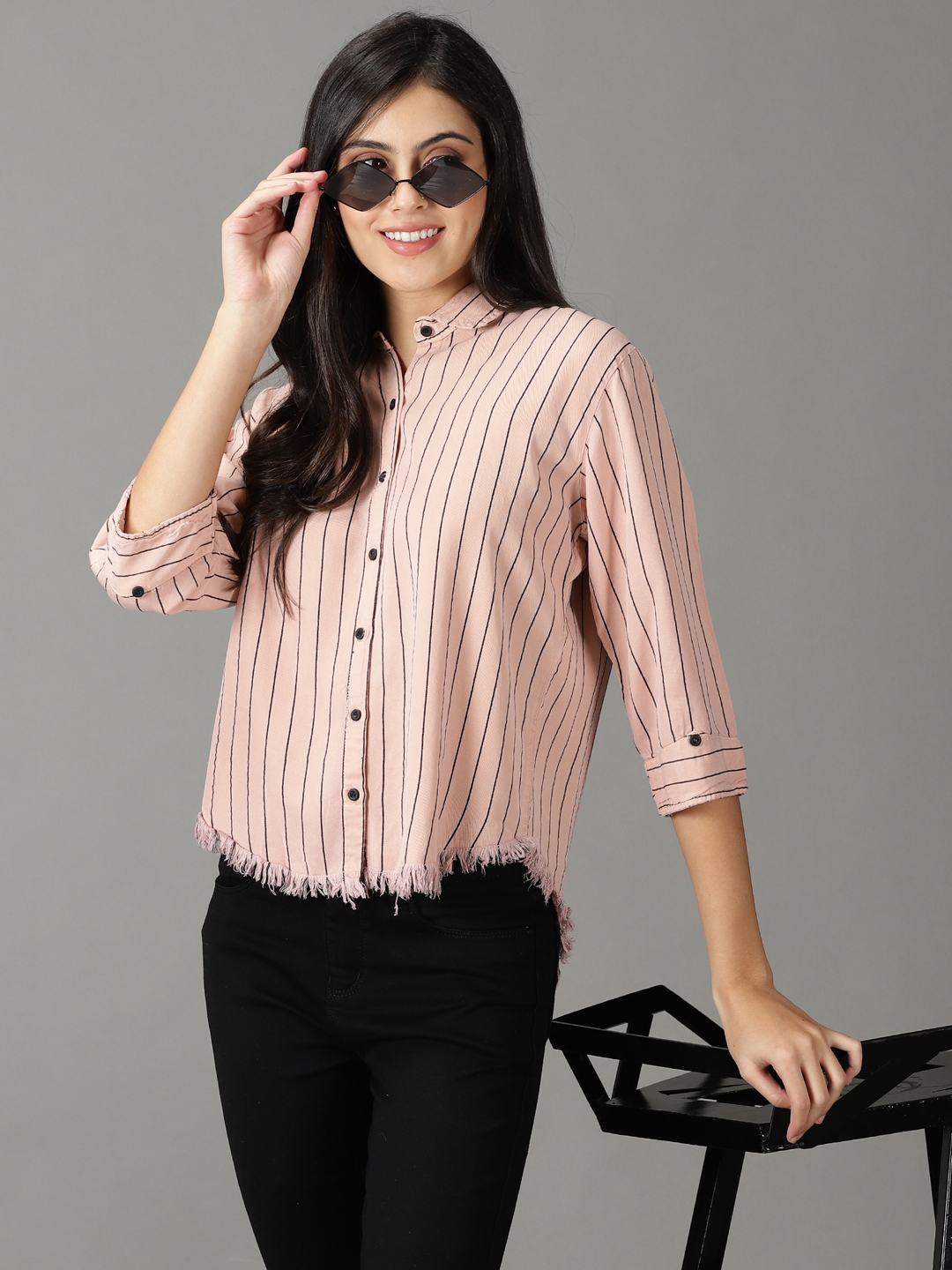 SHOWOFF Women Pink Striped Collar Three-Quarter Sleeves Boxy Casual Shirt