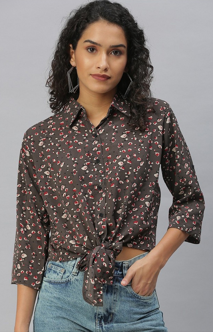 SHOWOFF Women's Regular Fit Roll-Up Sleeves Brown Floral Shirt