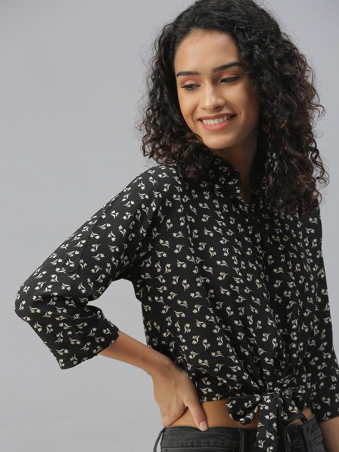 SHOWOFF Women's Regular Fit Roll-Up Sleeves Black Floral Shirt
