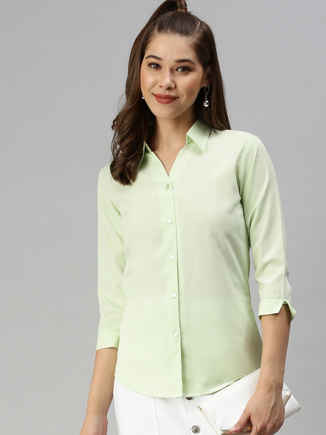 Showoff | SHOWOFF Women Green Solid Spread Collar Three-Quarter Sleeves Casual Shirt