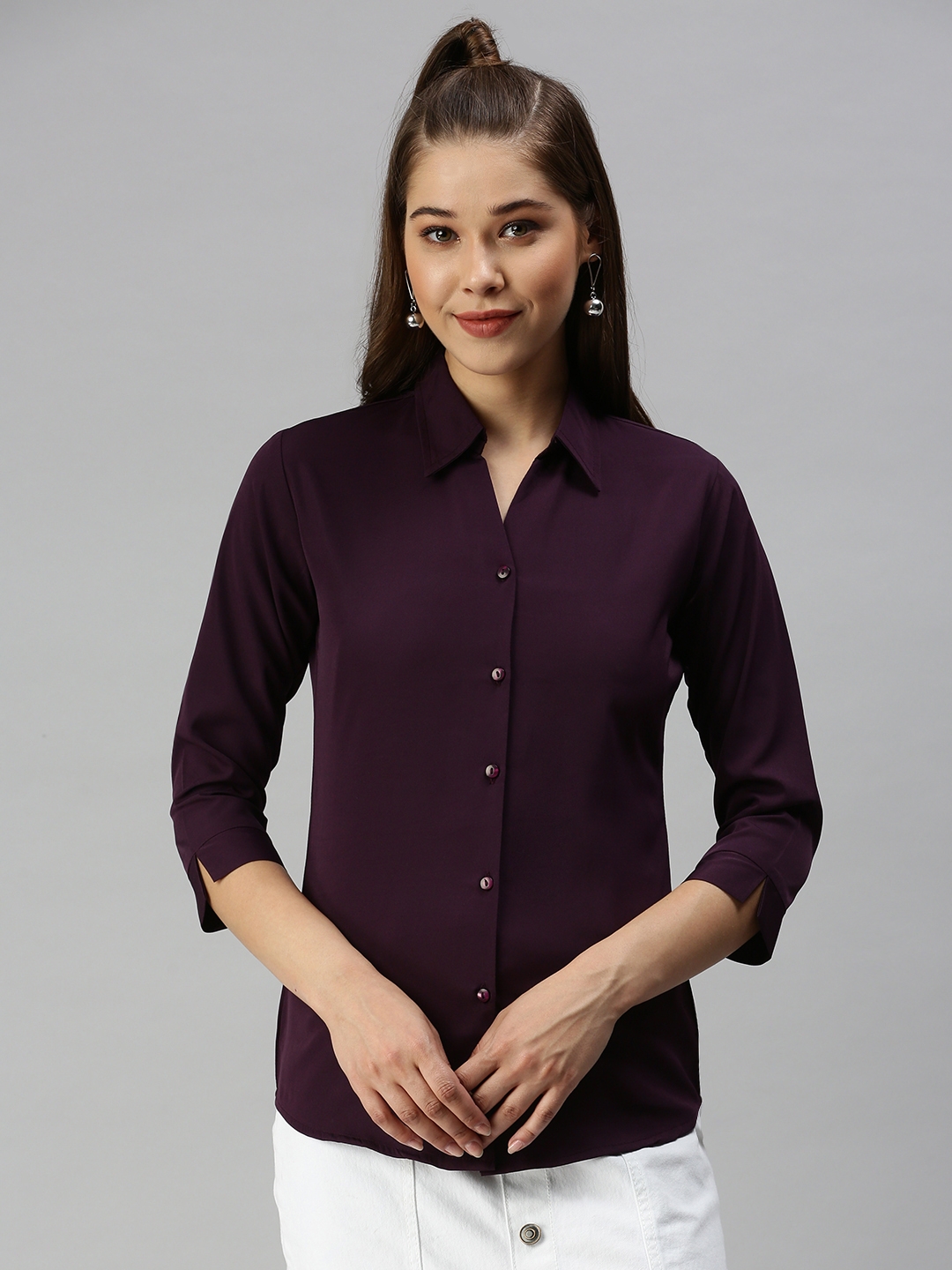 Showoff | SHOWOFF Women Magenta Solid Spread Collar Three-Quarter Sleeves Casual Shirt