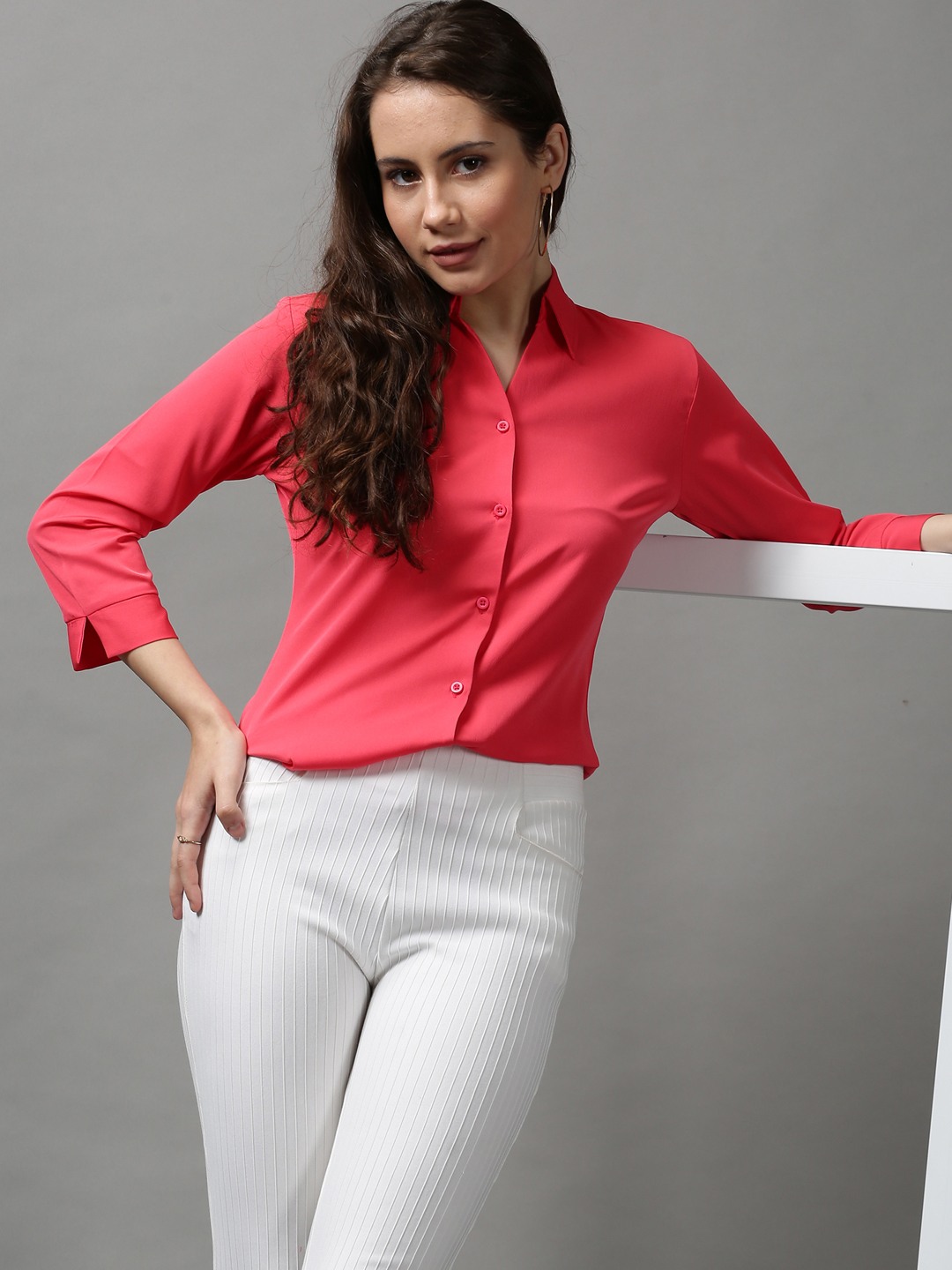 Showoff | SHOWOFF Women Pink Solid Spread Collar Three-Quarter Sleeves Casual Shirt