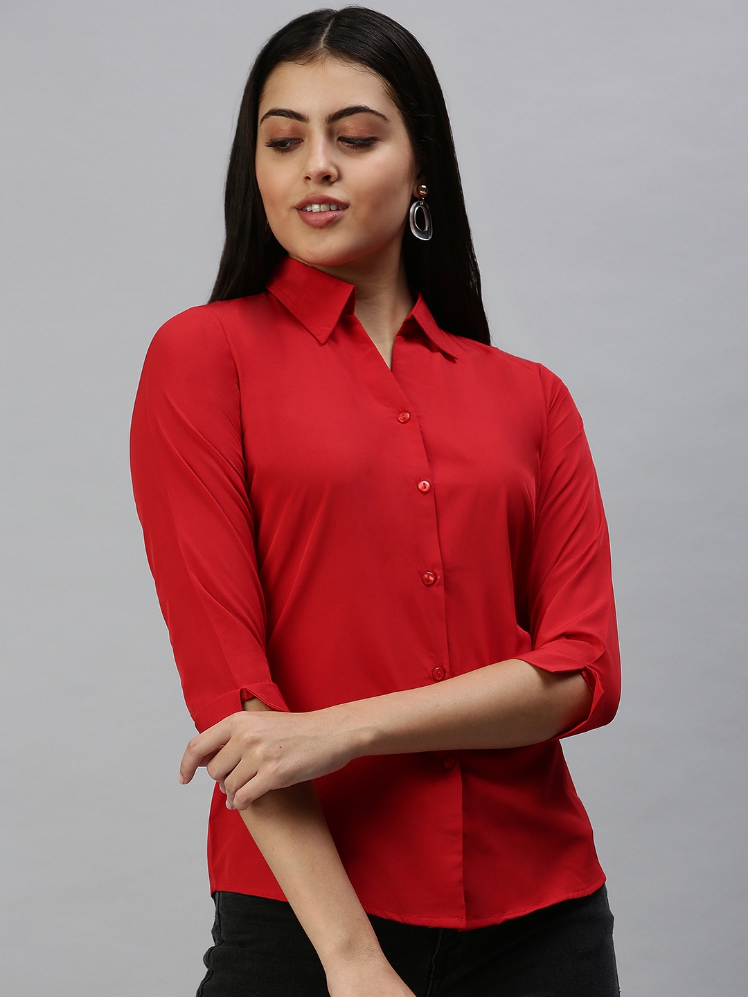 Showoff | SHOWOFF Women Red Solid Spread Collar Three-Quarter Sleeves Casual Shirt