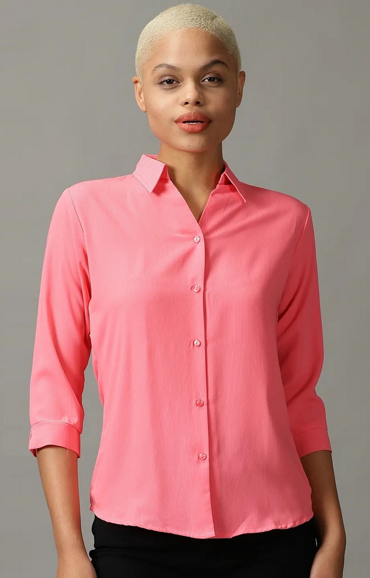 Showoff | SHOWOFF Women Pink Solid Spread Collar Three-Quarter Sleeves Casual Shirt