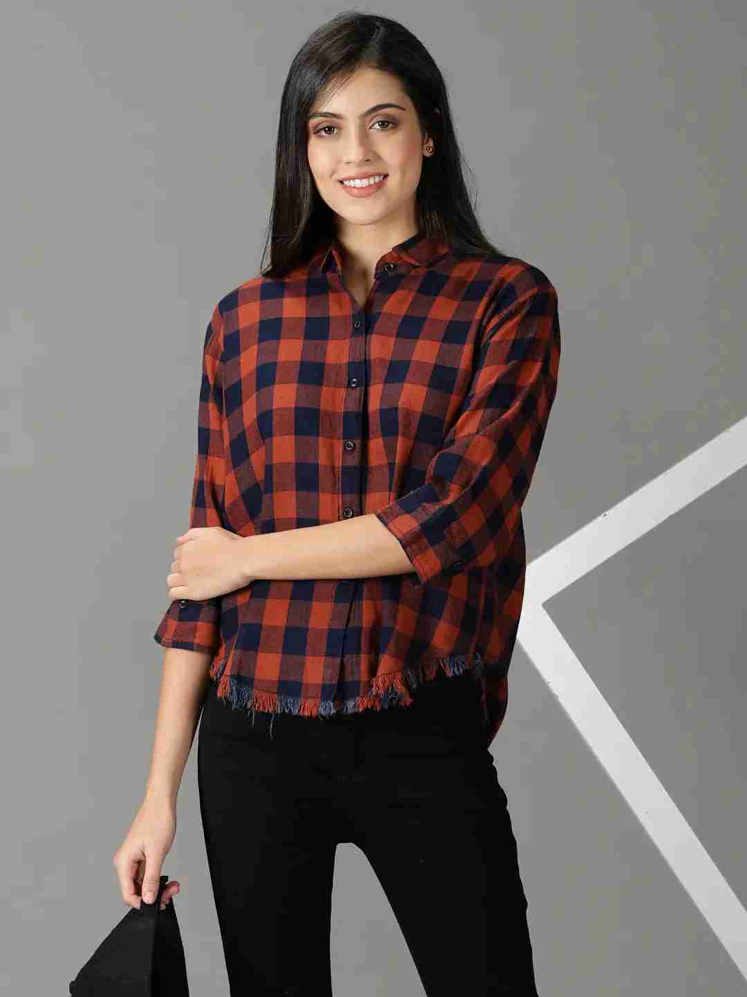 SHOWOFF Women Rust Checked Collar Three-Quarter Sleeves Boxy Casual Shirt