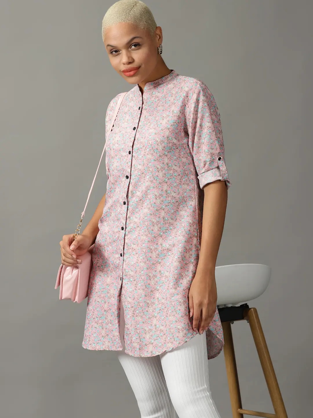 SHOWOFF Women's Mandarin Collar Printed Pink Shirt