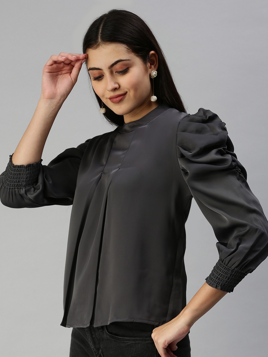 SHOWOFF Women's Three-Quarter Sleeves Mandarin Collar Grey Solid Top