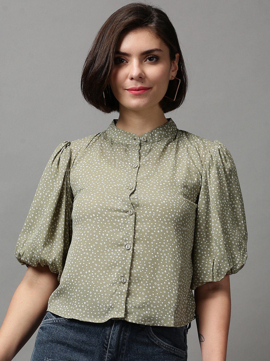 SHOWOFF Women's Puff Sleeves Abstract Olive Blouson Top