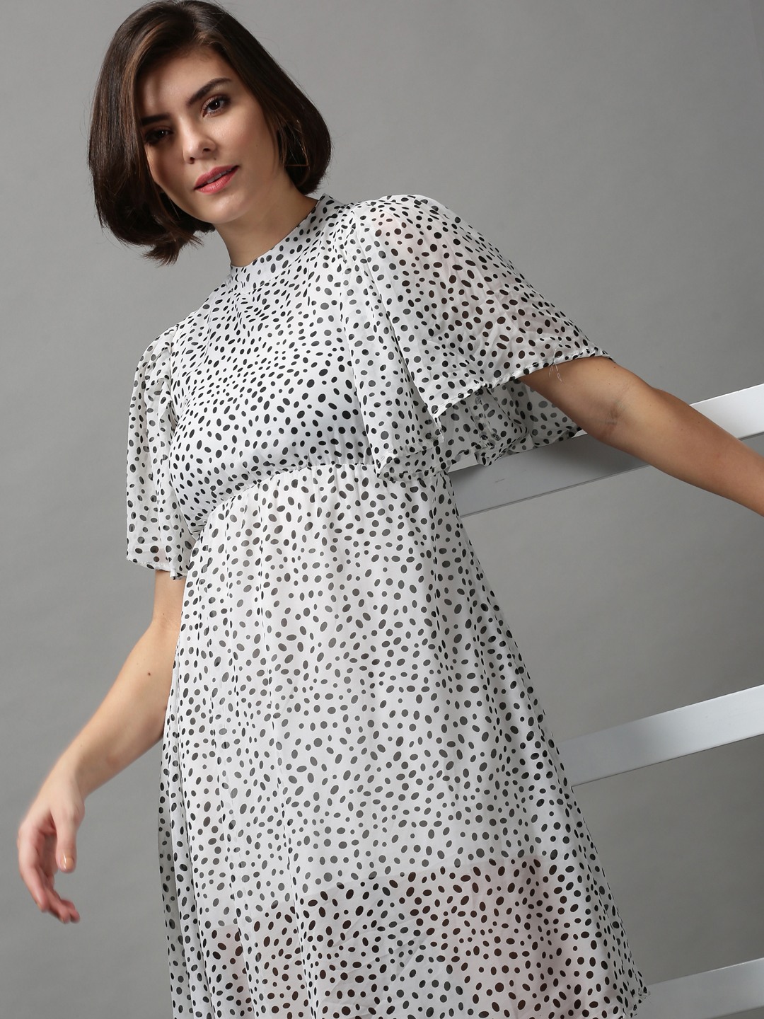 SHOWOFF Women's Round Neck Polka Dots Off White Midi Dress