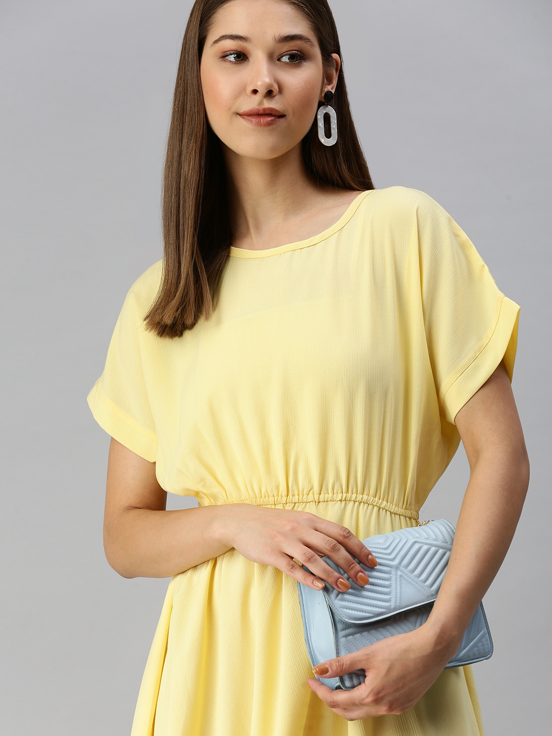 SHOWOFF Women Yellow Solid Round Neck Short Sleeves Midi Fit and Flare Dress