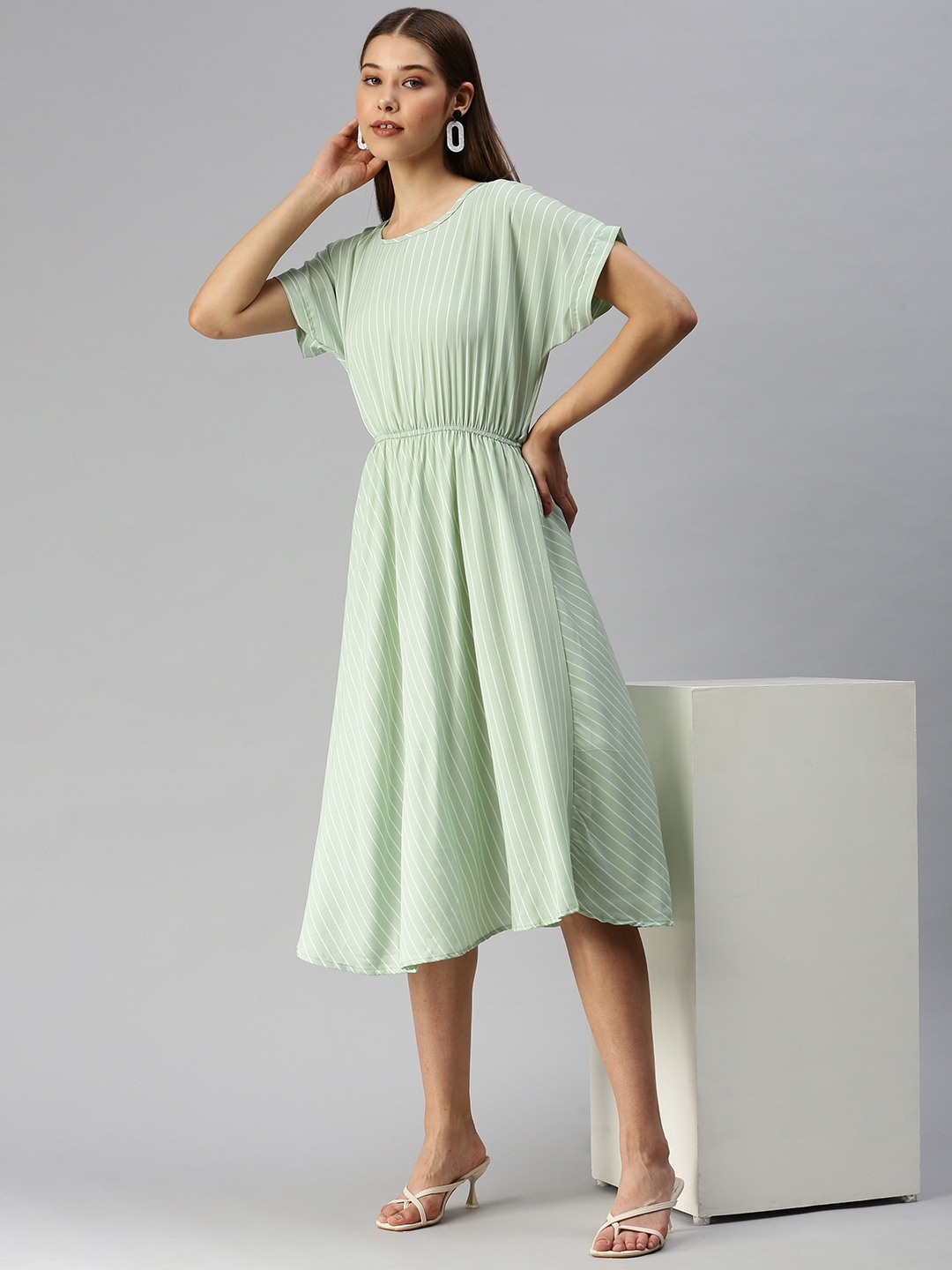 SHOWOFF Women's Striped Green Fit and Flare Dress