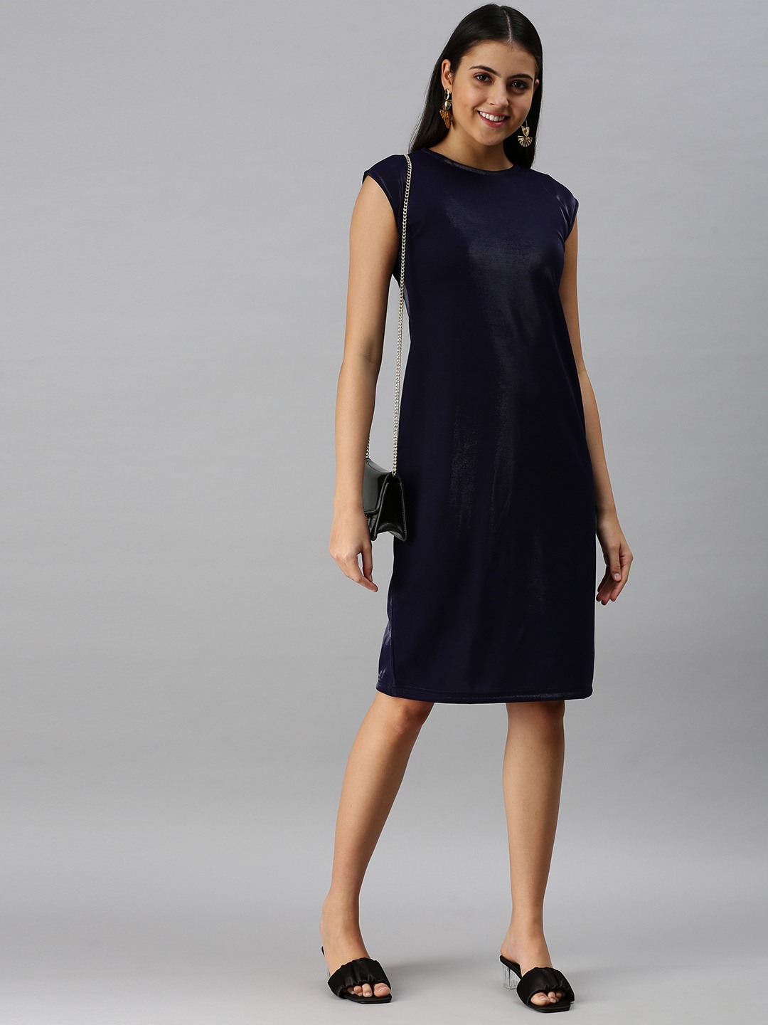 SHOWOFF Women Navy Blue Solid Round Neck Sleeveless Knee length A-Line Dress