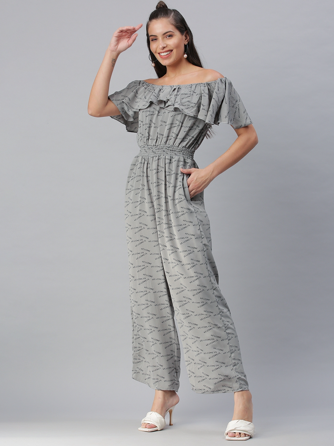 SHOWOFF Women's Boat Neck Grey Printed Jumpsuit