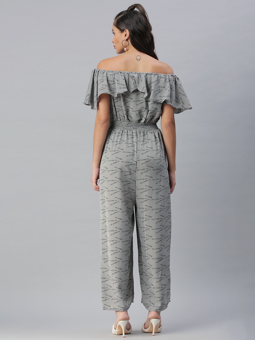 SHOWOFF Women's Boat Neck Grey Printed Jumpsuit