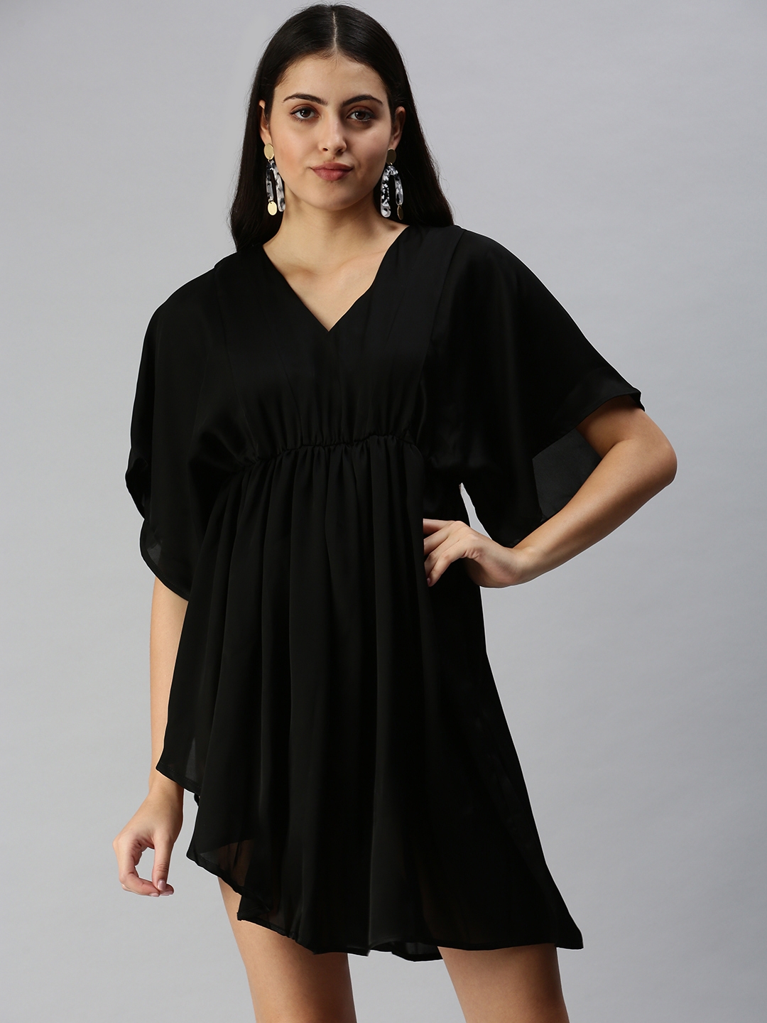SHOWOFF Women Black Solid V Neck Short Sleeves Above Knee A-Line Dress