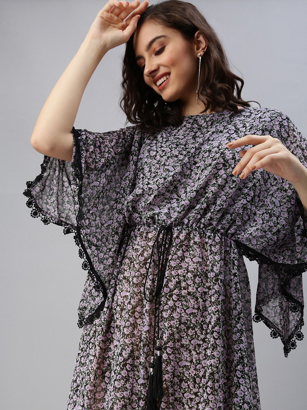SHOWOFF Women's Maxi Floral Black Boat Neck Kaftan Dress