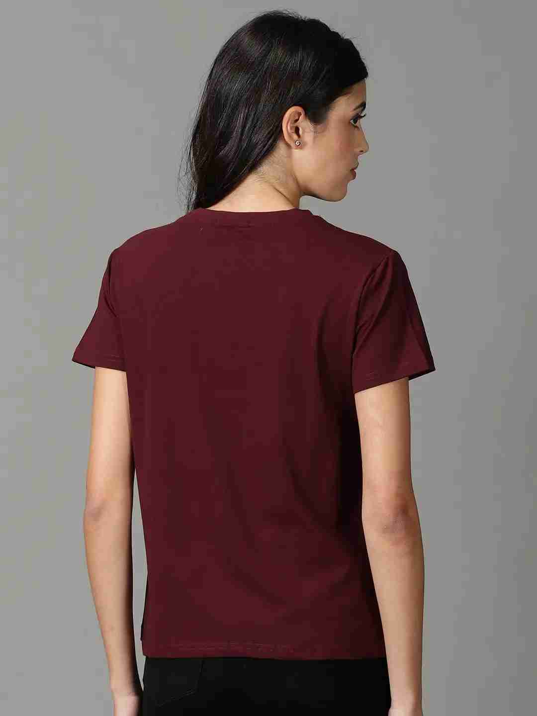 SHOWOFF Women Burgundy Solid Round Neck Short Sleeves Regular Top