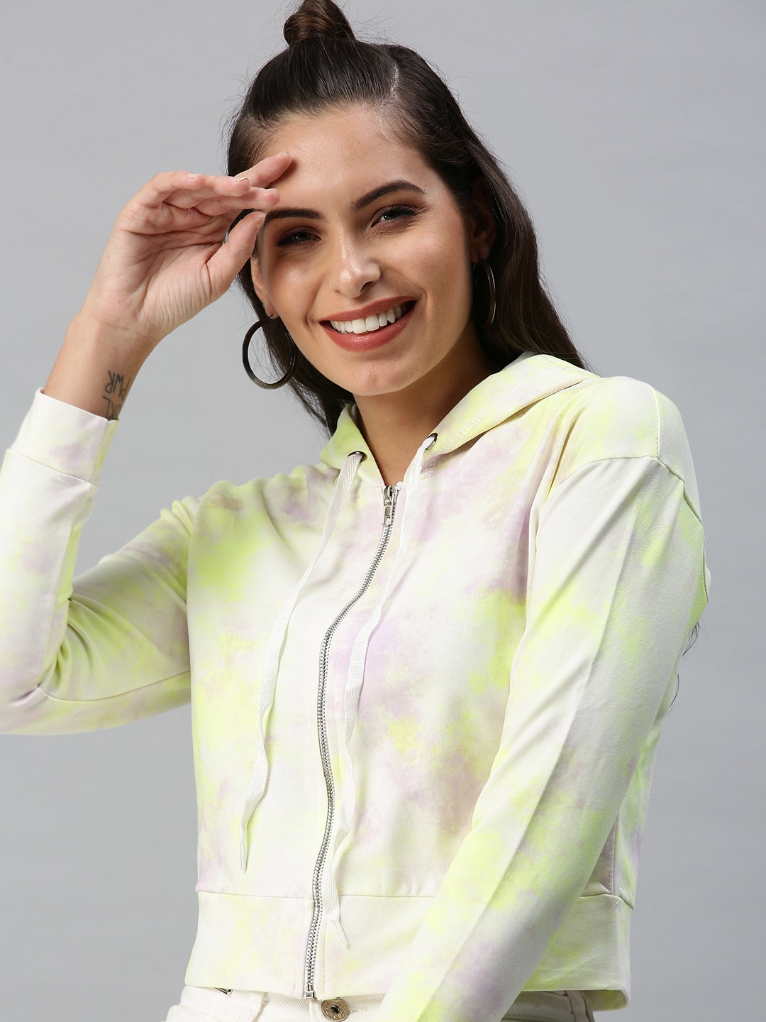 SHOWOFF Women's Hooded White Crop Sweatshirts