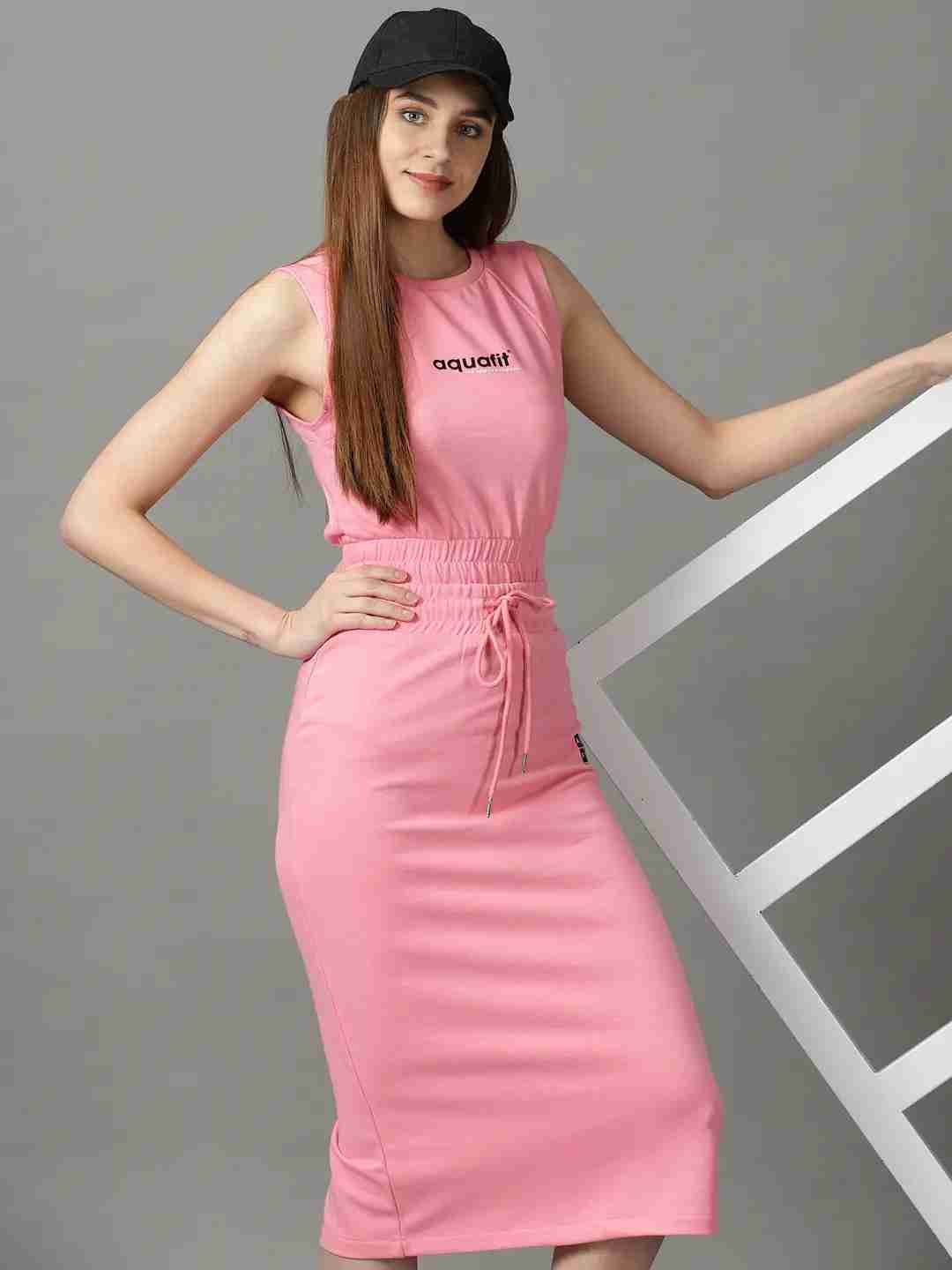 SHOWOFF Women's Solid Pink Round Neck Co-Ords Set