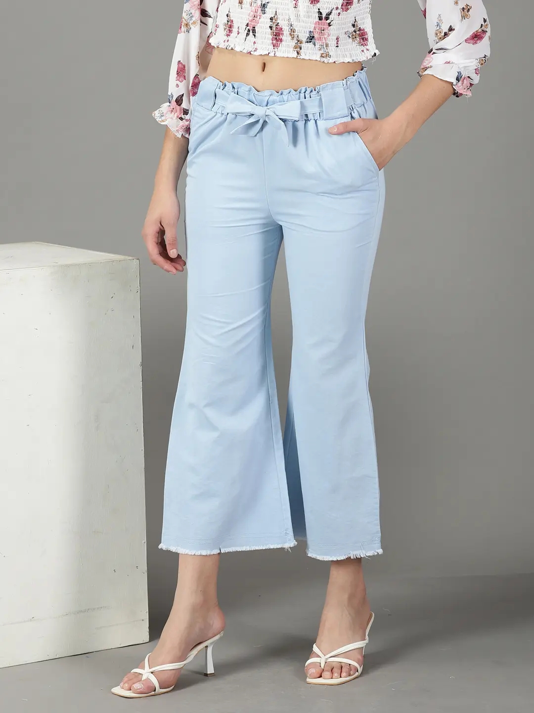 SHOWOFF Women's High-Rise Blue Solid Straight Fit Regular Trousers