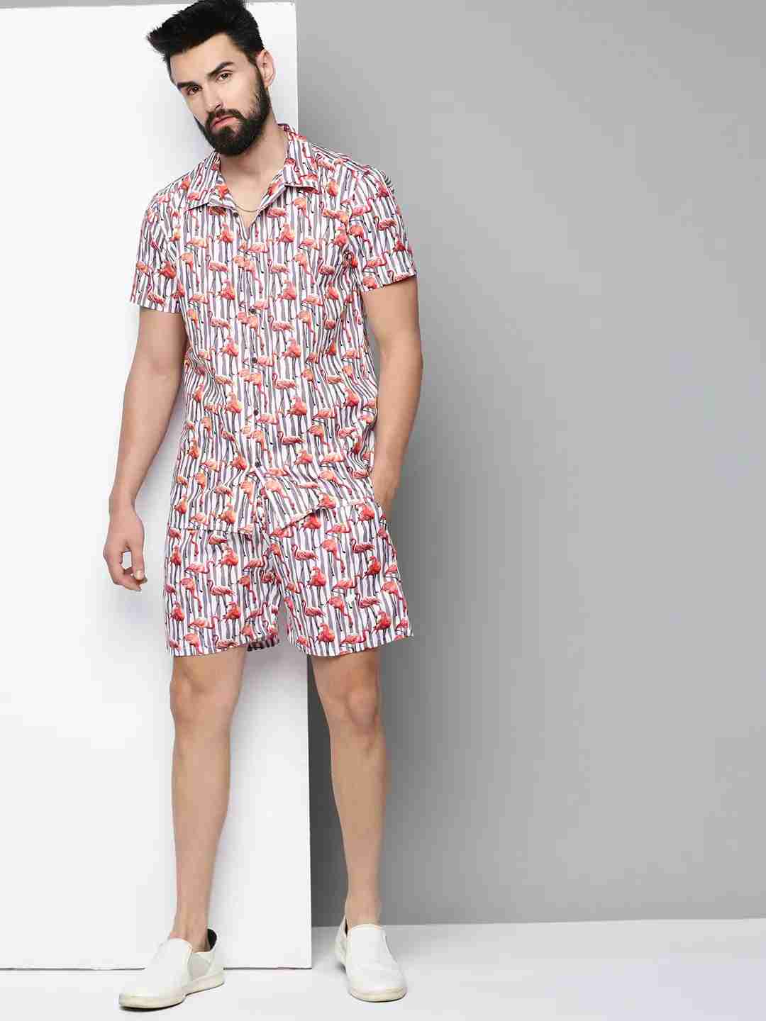 SHOWOFF Men's White Short Sleeves Printed Co-Ords Set