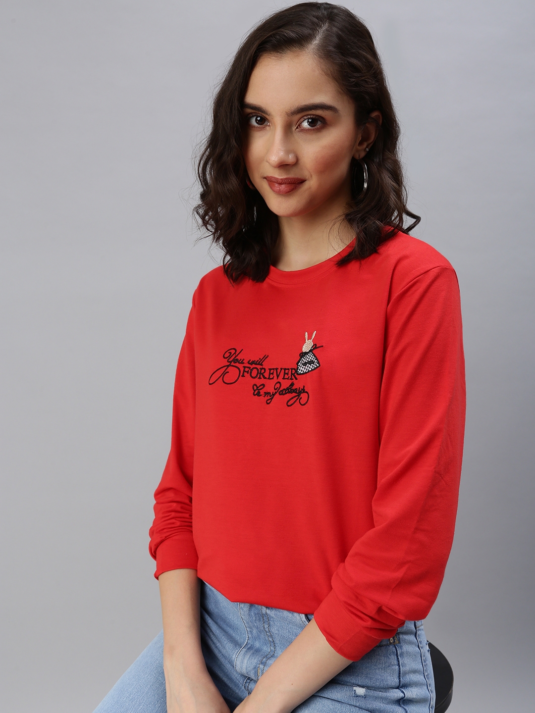 Women's Red Cotton Solid Sweatshirts