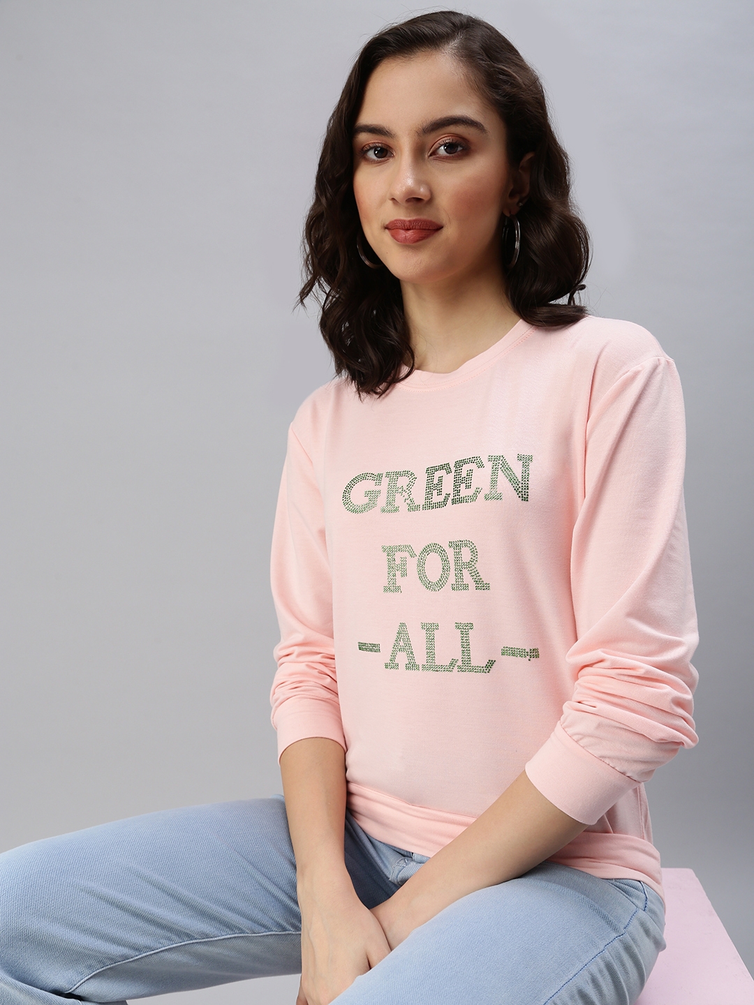 Women's Pink Cotton Solid Sweatshirts