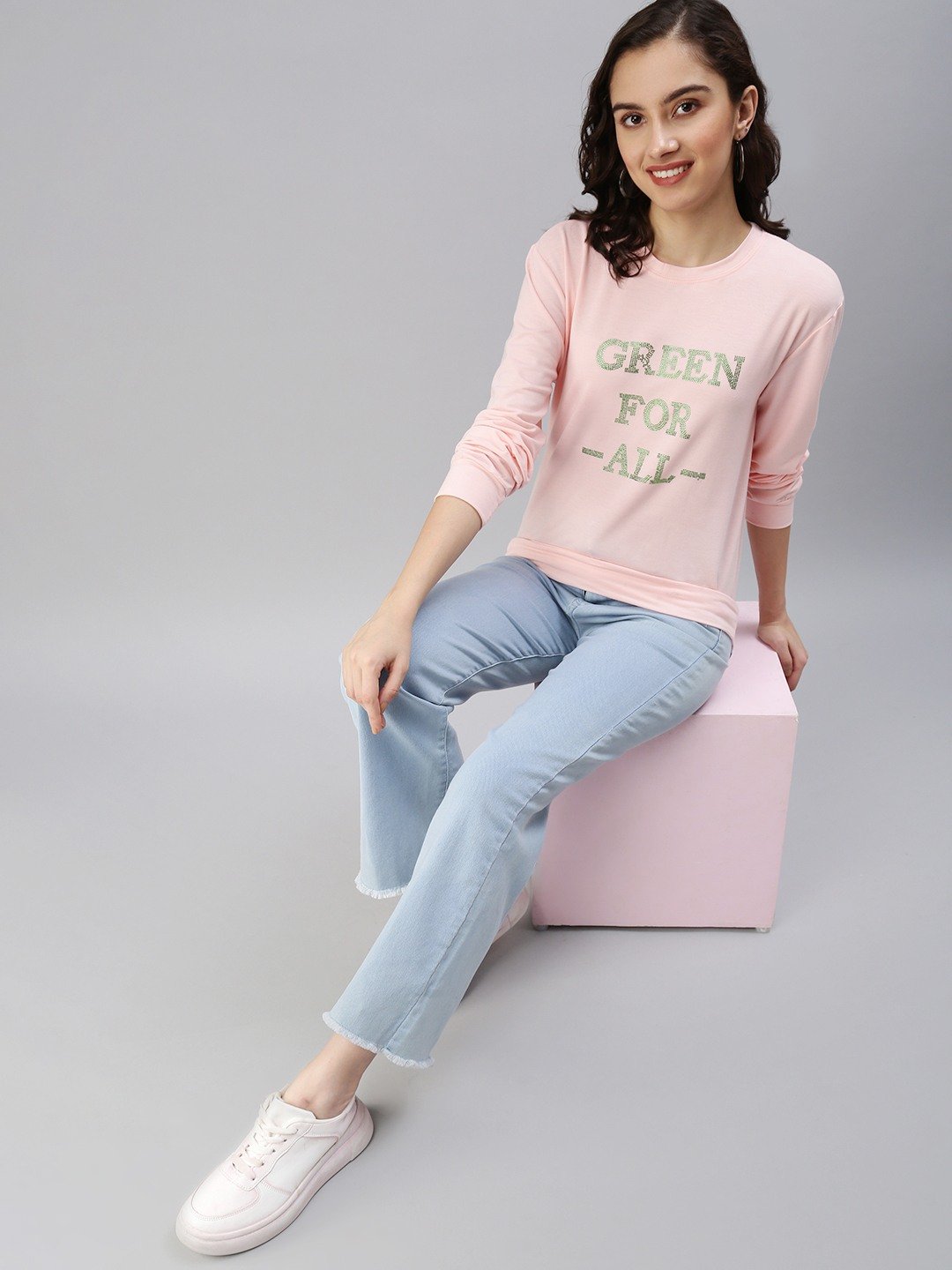 Women's Pink Cotton Solid Sweatshirts