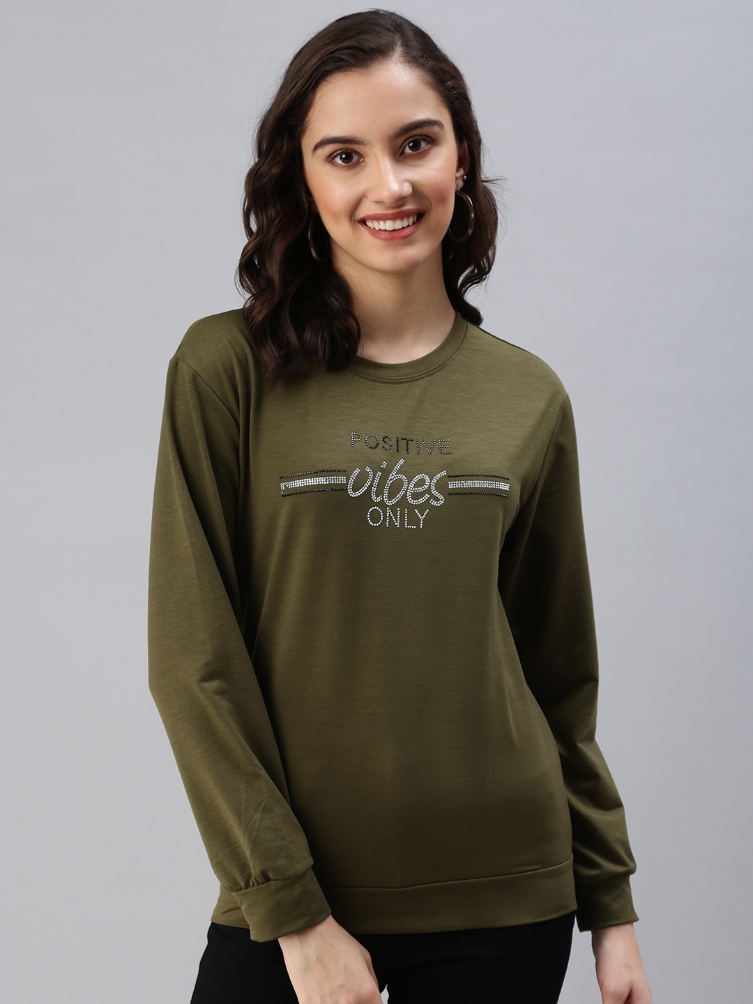 Women's Green Cotton Solid Sweatshirts