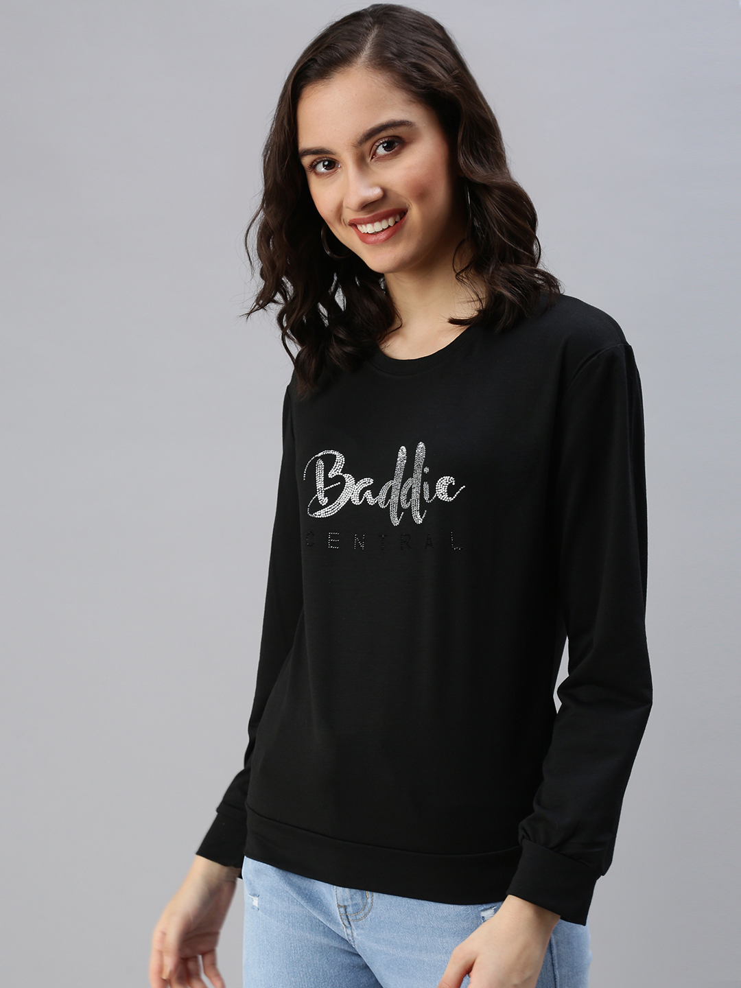Women's Black Cotton Solid Sweatshirts