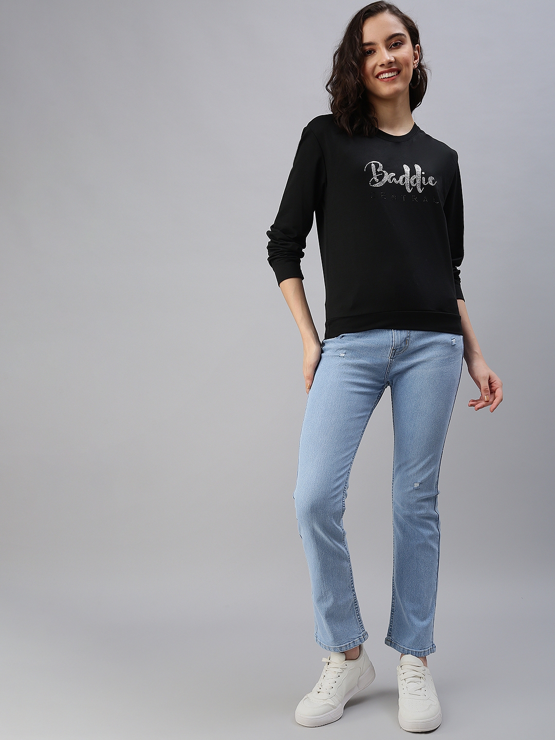 Women's Black Cotton Solid Sweatshirts