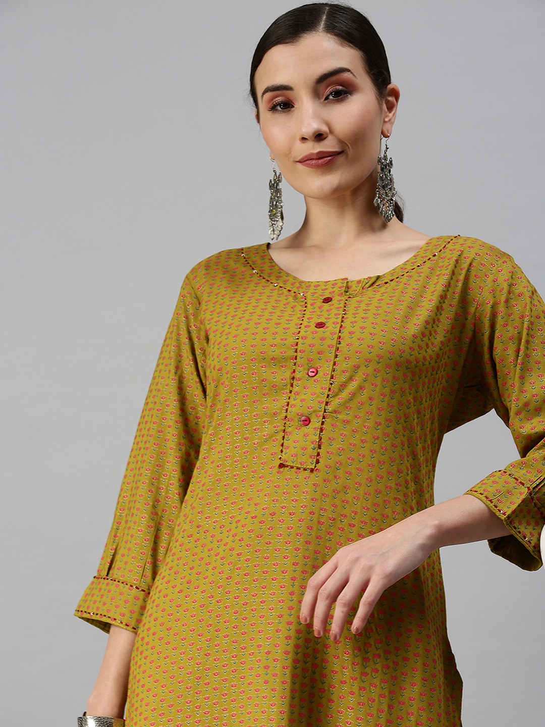 Women's Yellow Cotton Blend Floral Regular Kurtas