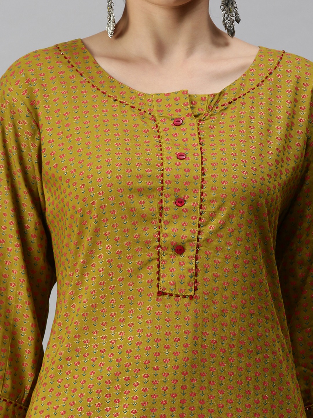 Women's Yellow Cotton Blend Floral Regular Kurtas