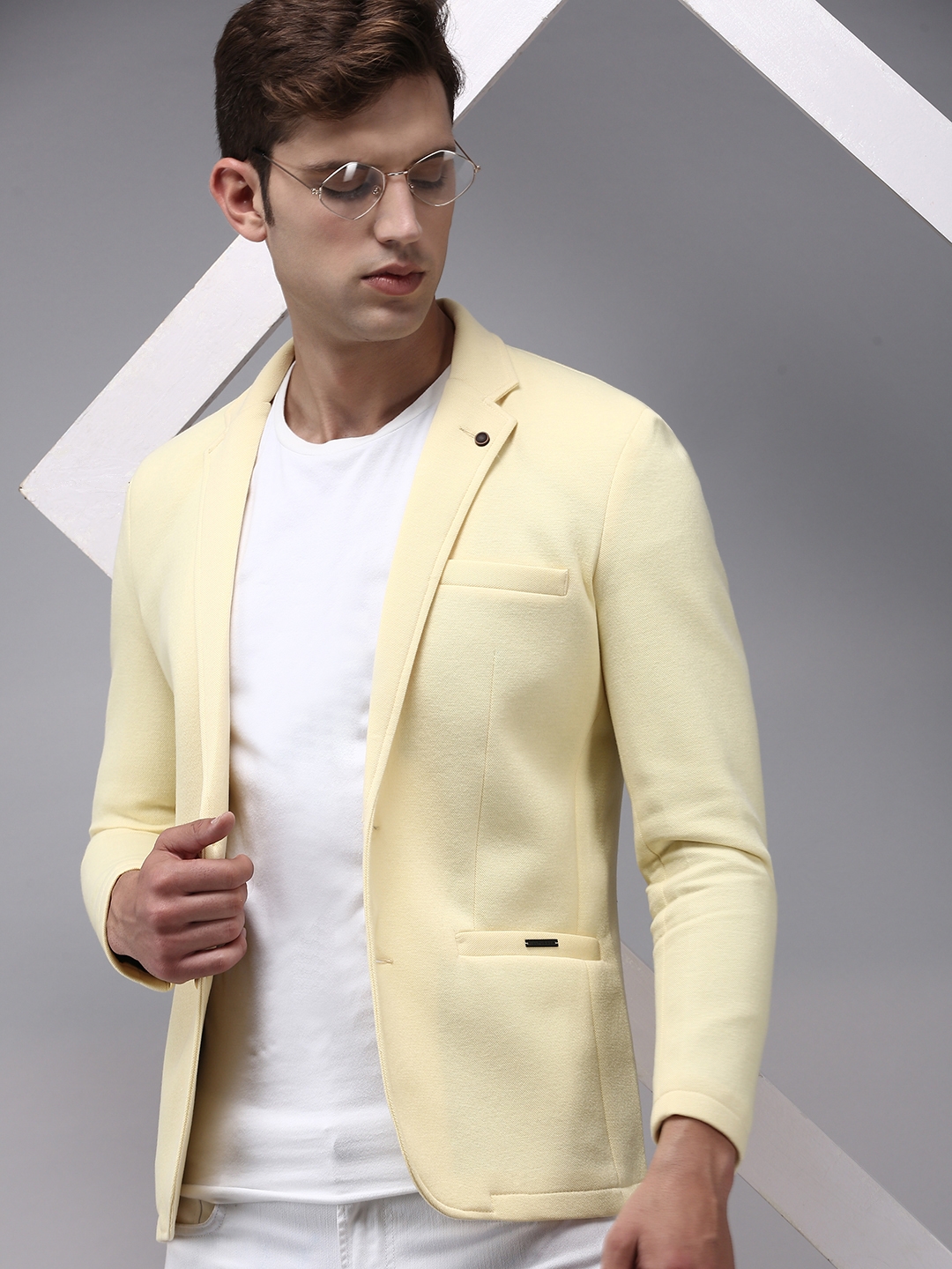 SHOWOFF Men Yellow Solid  Notched Lapel Full Sleeves Open Front Blazer