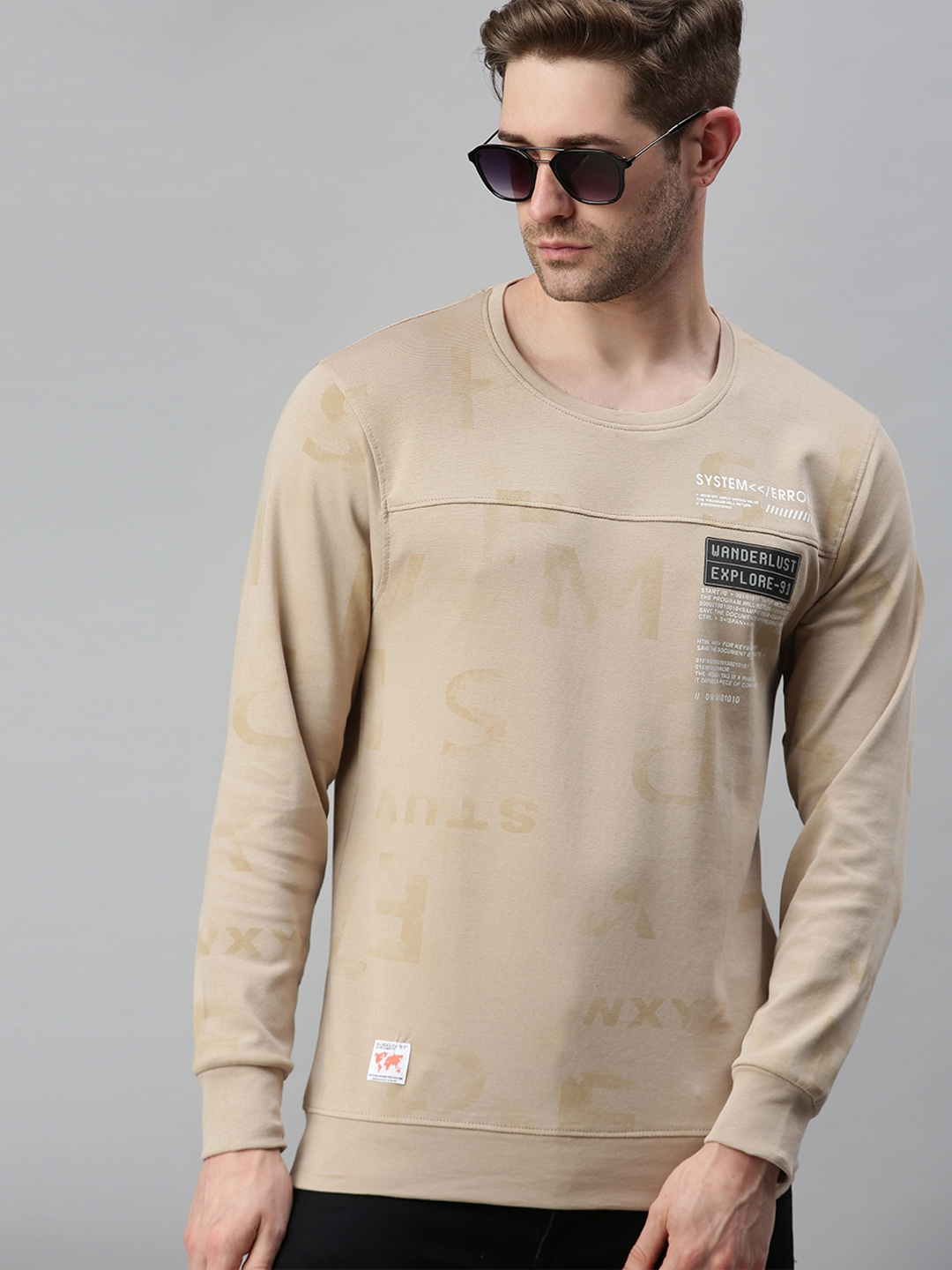 Showoff Men's Cotton Casual Beige Printed Sweatshirt