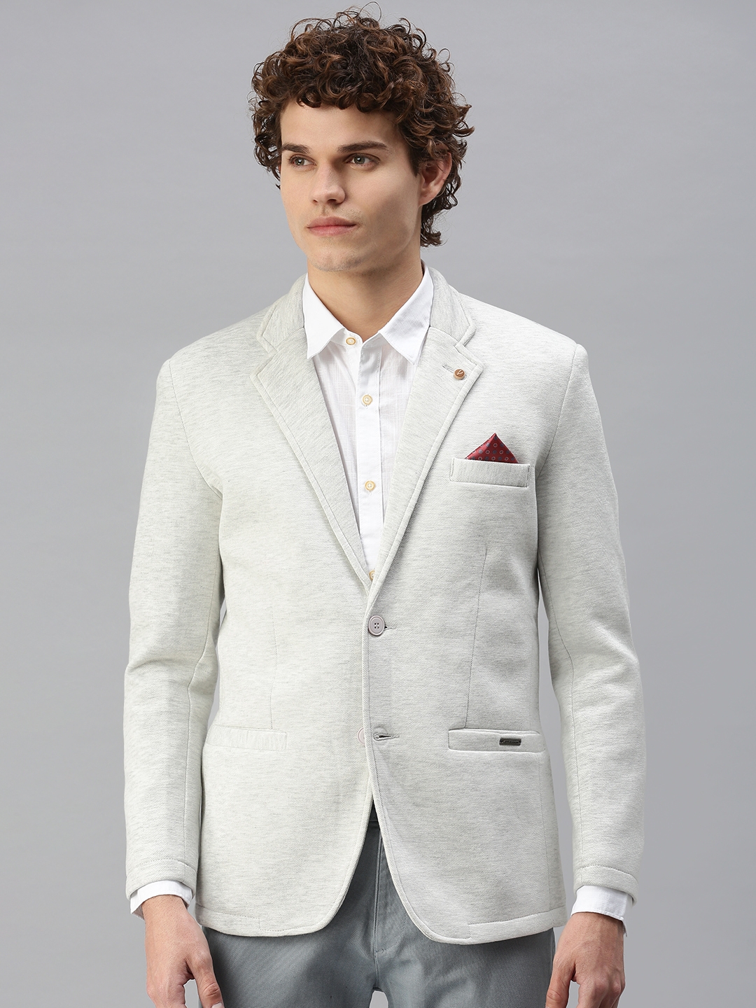Men's White Cotton Blend Solid Blazers